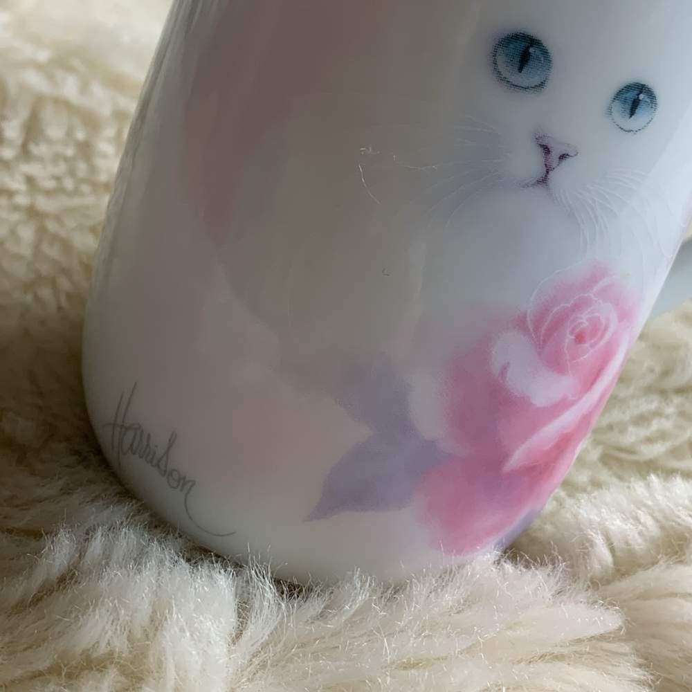 Vintage 80s Harrison white Persian cat with rose Mug rare collectible